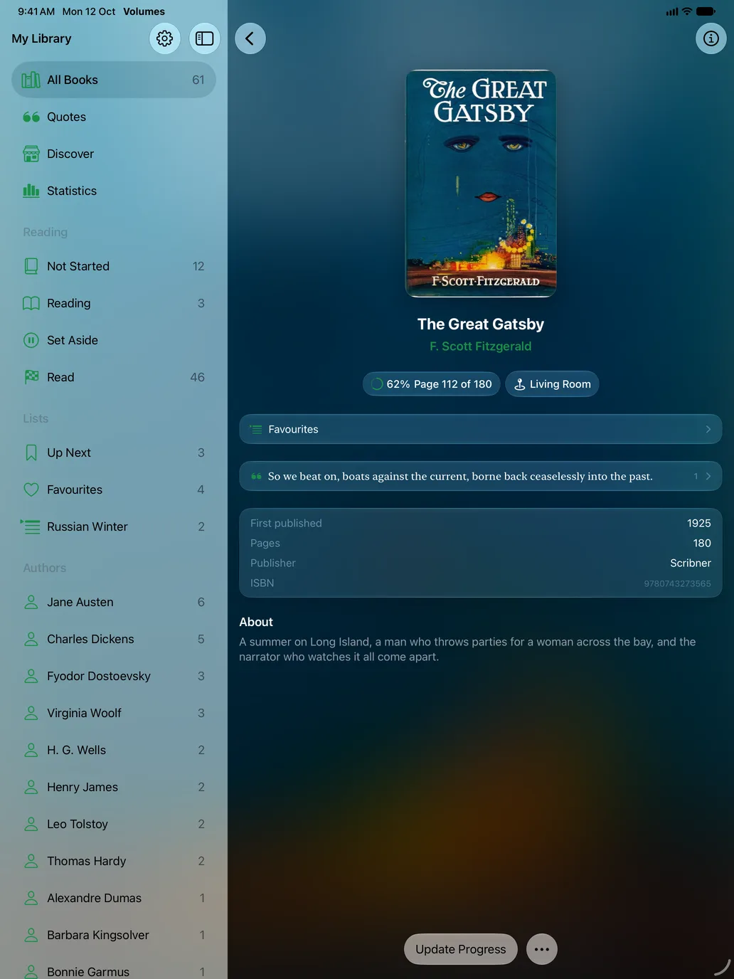 The Great Gatsby open in Volumes on iPad