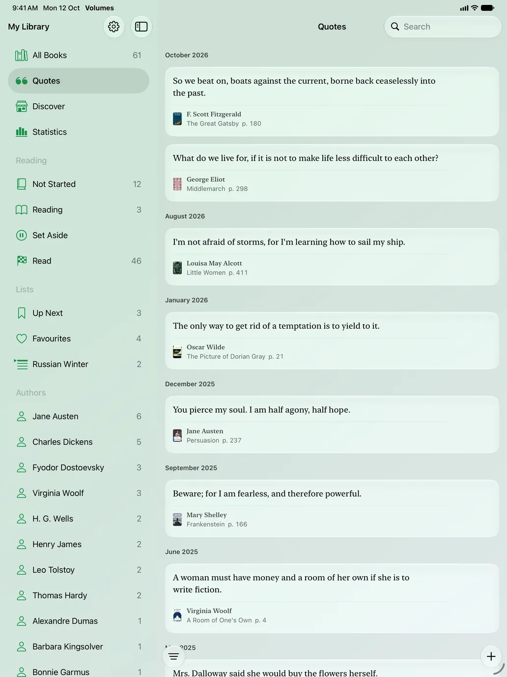 Saved quotes on iPad, grouped by month