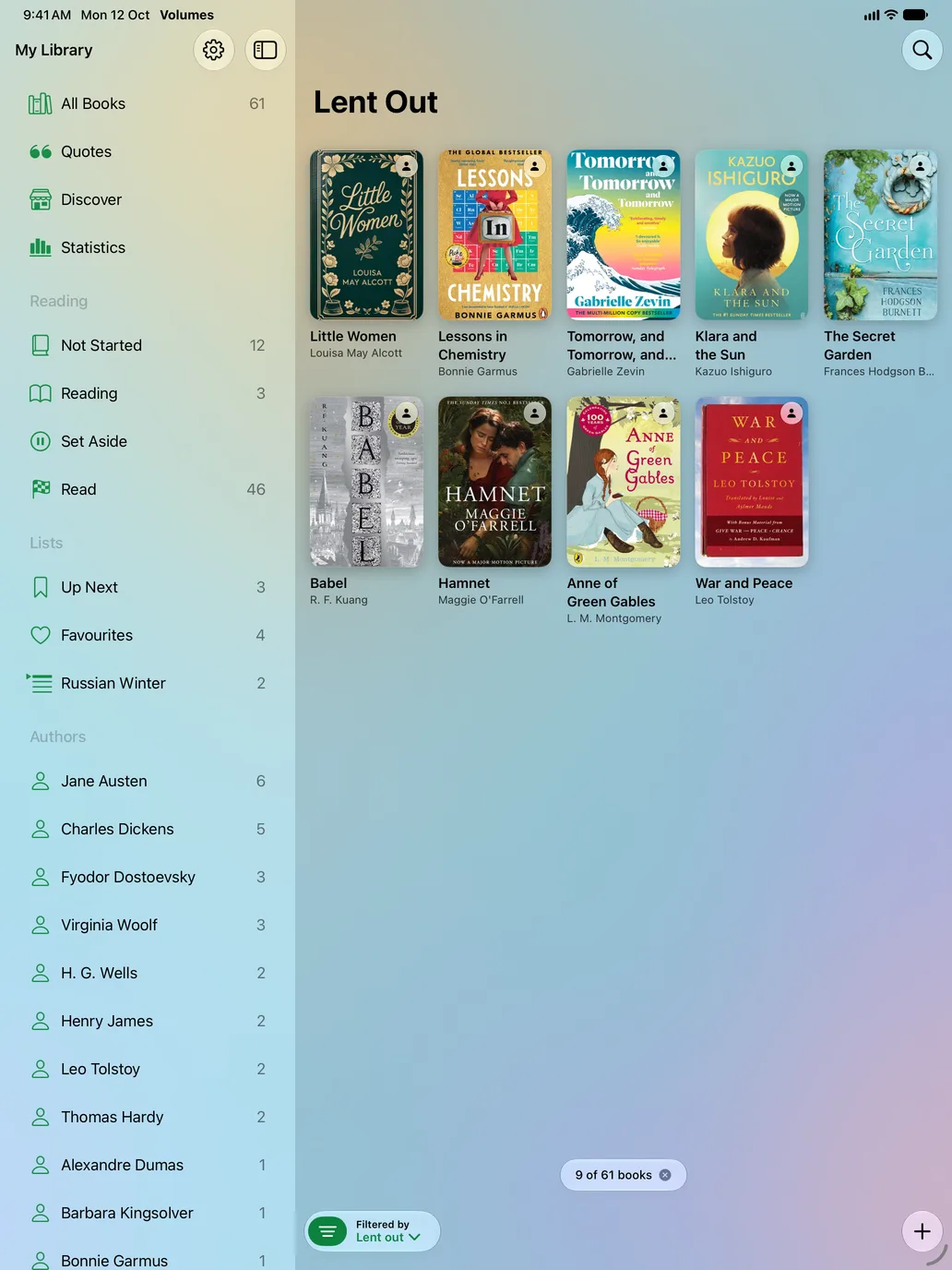 Books lent out, on iPad