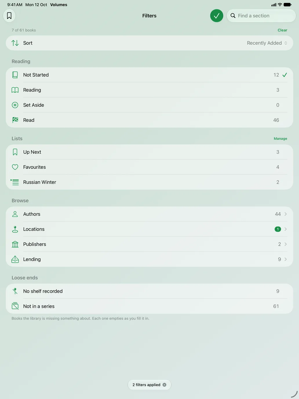 The filter sheet on iPad