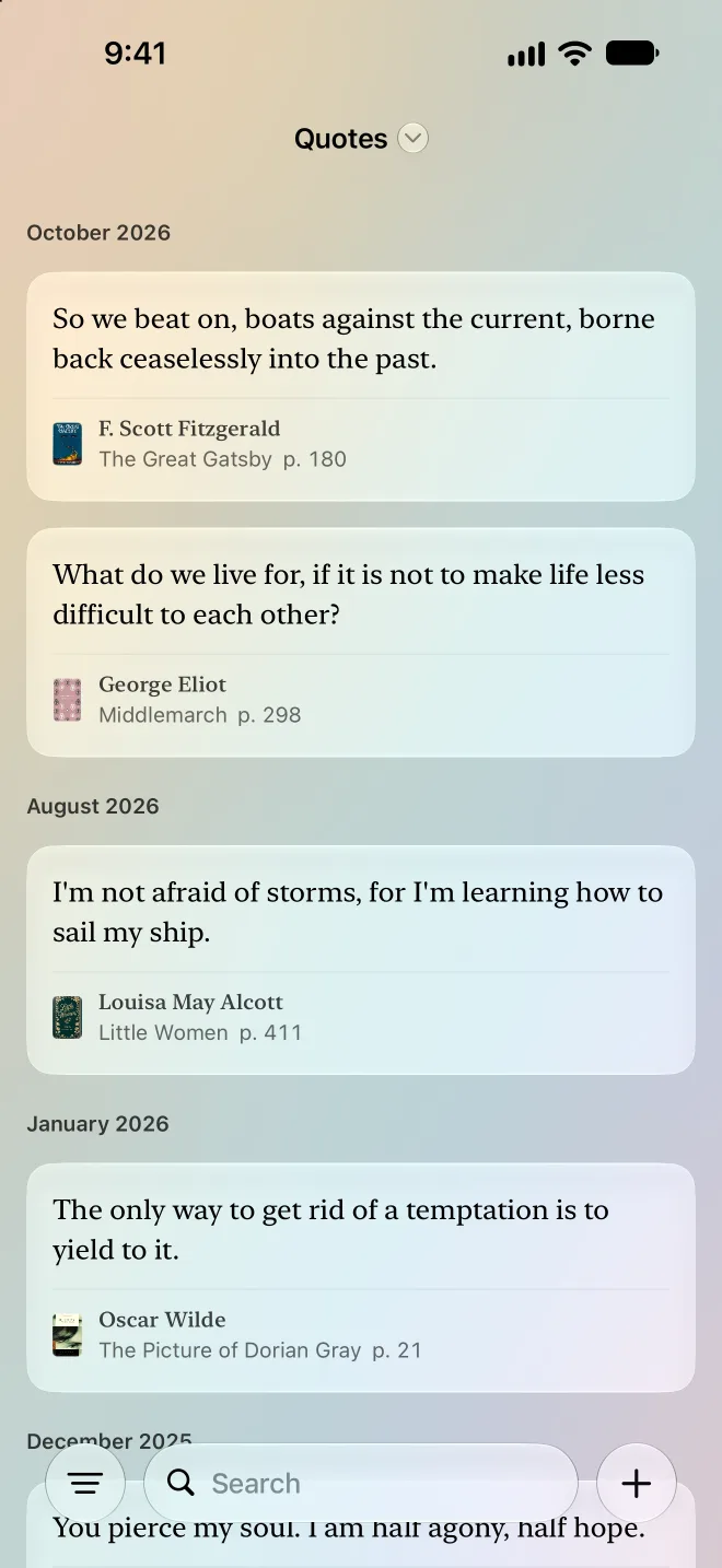 Saved quotes in Volumes, each with its book and page