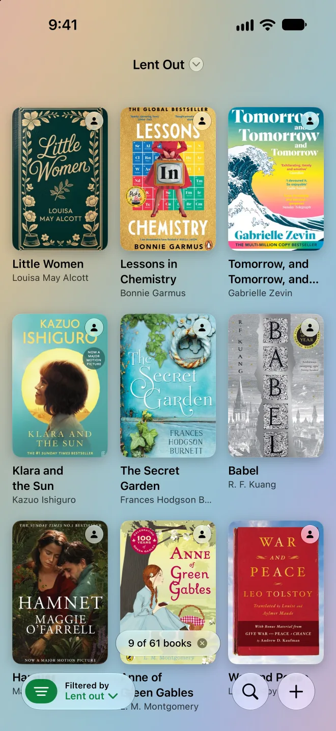 Books currently lent out in Volumes, each marked with who has it