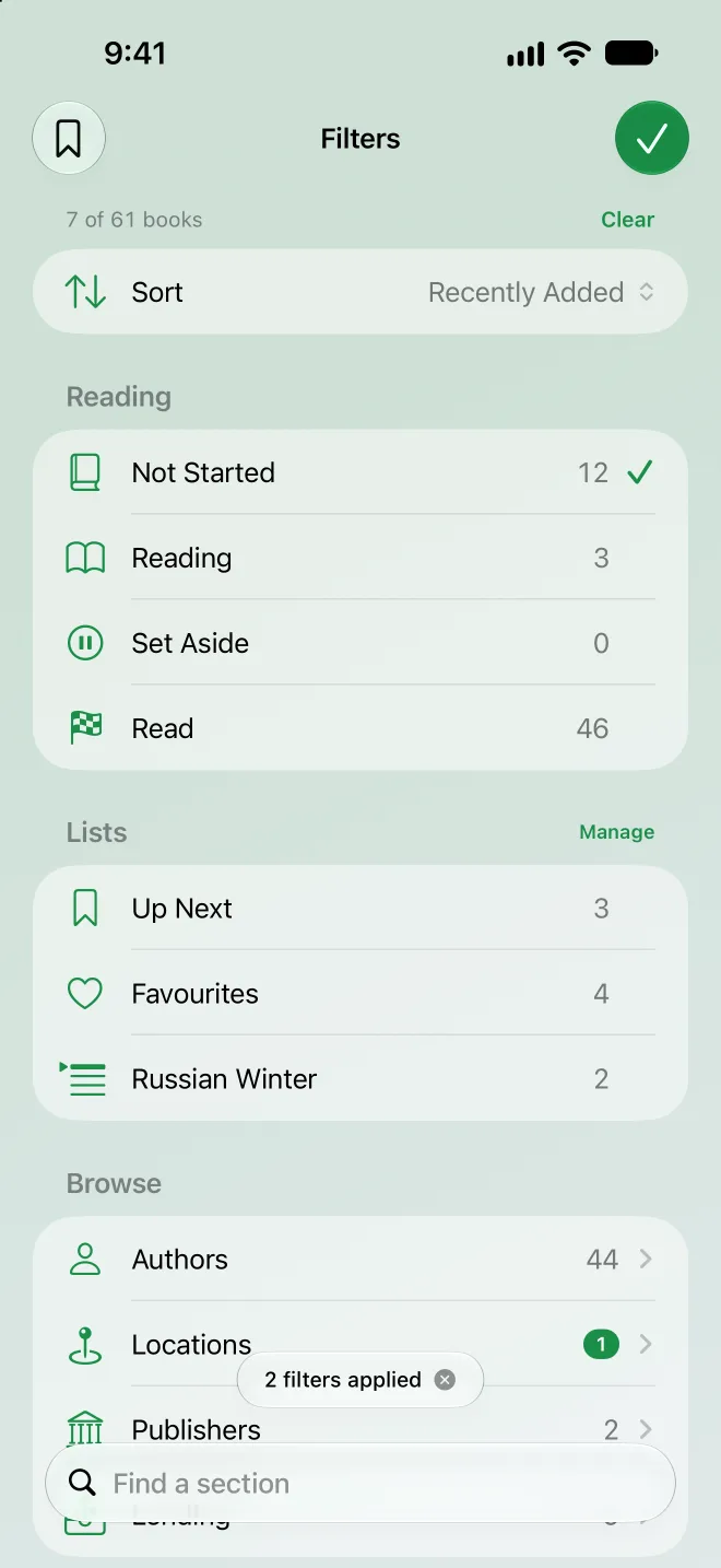 Combined filters for reading status, lists and locations in Volumes