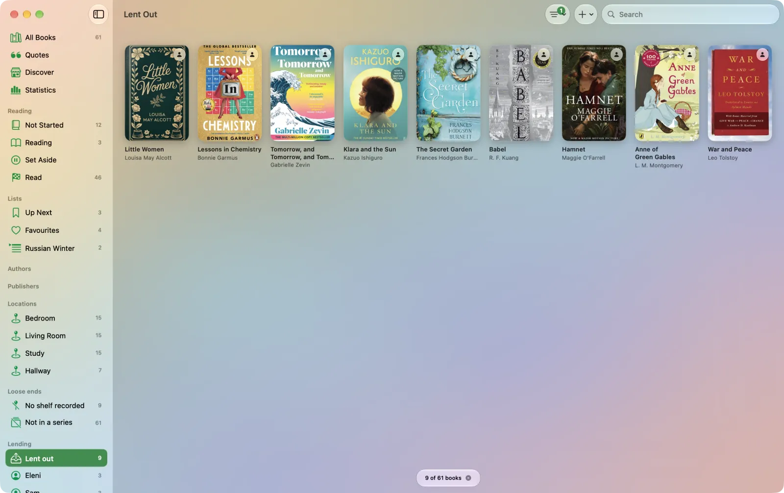 Books lent out, in Volumes on a Mac